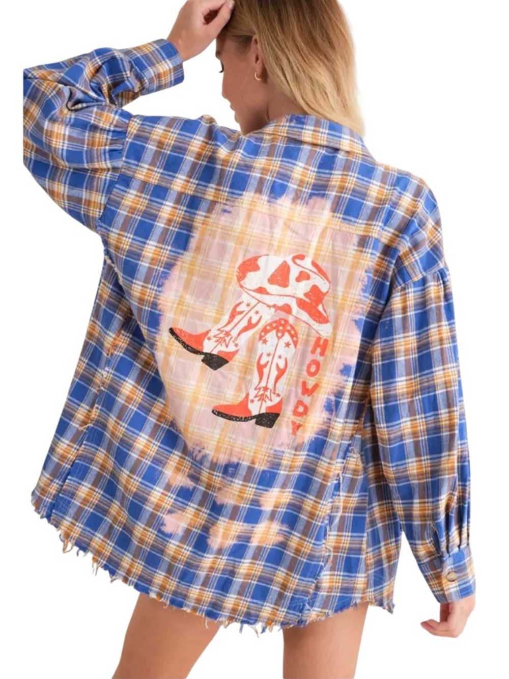 NEW blue b Plaid Cobalt Brown Howdy Cowboy Hat Boots Oversized Button Down Shirt - Picture 2 of 5